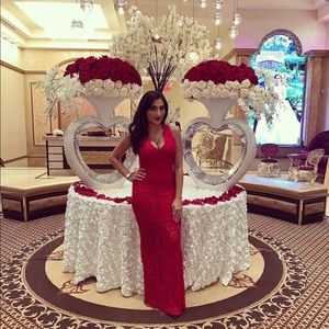 Red lace fishtail maxi dress